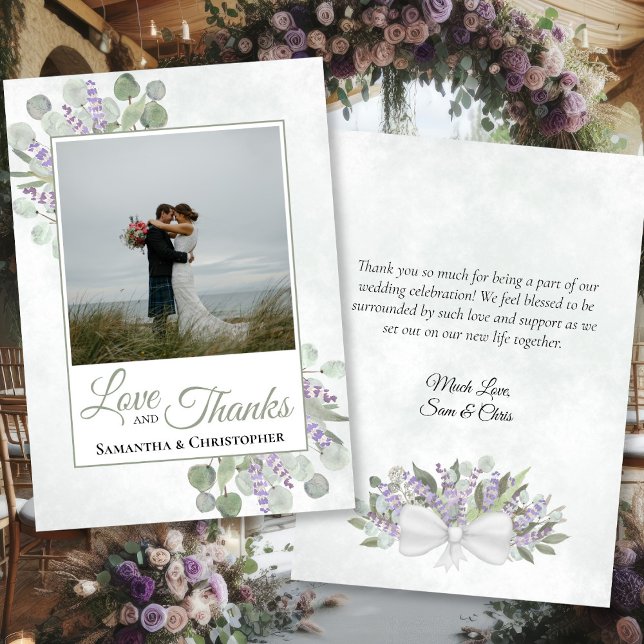 Tarjeta De Agradecimiento Eucalyptus Lavender Love Gracias Foto Boda (Front/Back)