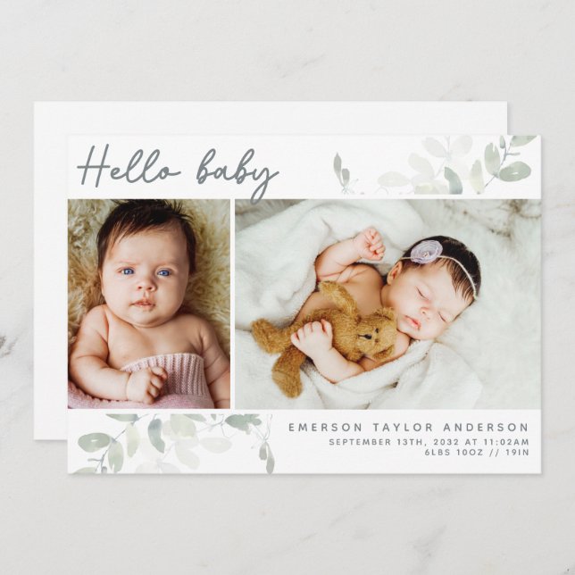 Tarjeta De Agradecimiento Eucalyptus Photo Hello Baby (Anverso / Reverso)