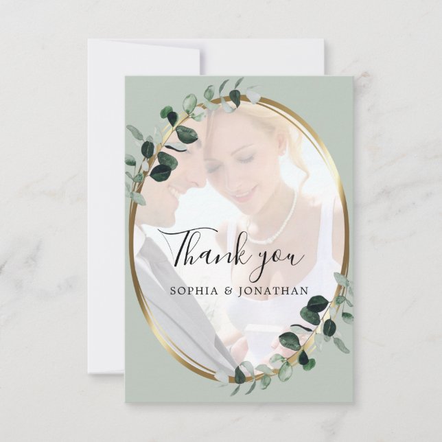 Tarjeta De Agradecimiento Eucalyptus Sage Photo Gold Metallic Boda (Anverso)