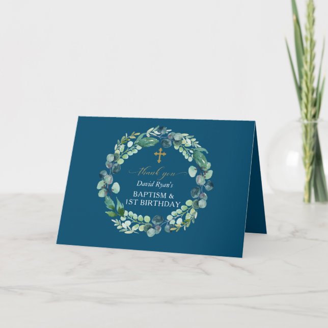 Tarjeta De Agradecimiento Eucalyptus Wreath Photo Boy Baptism First Birday (Anverso)