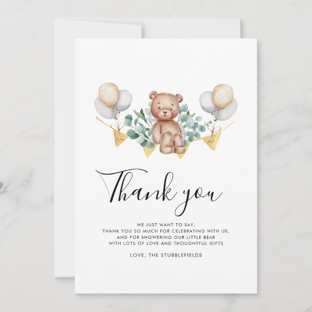 Tarjeta De Agradecimiento Eucalyptus y Bear Rustic Cub Bear Baby Shower (Anverso)