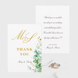 Tarjeta De Agradecimiento Eucalyptus y el oro Monograma Boda