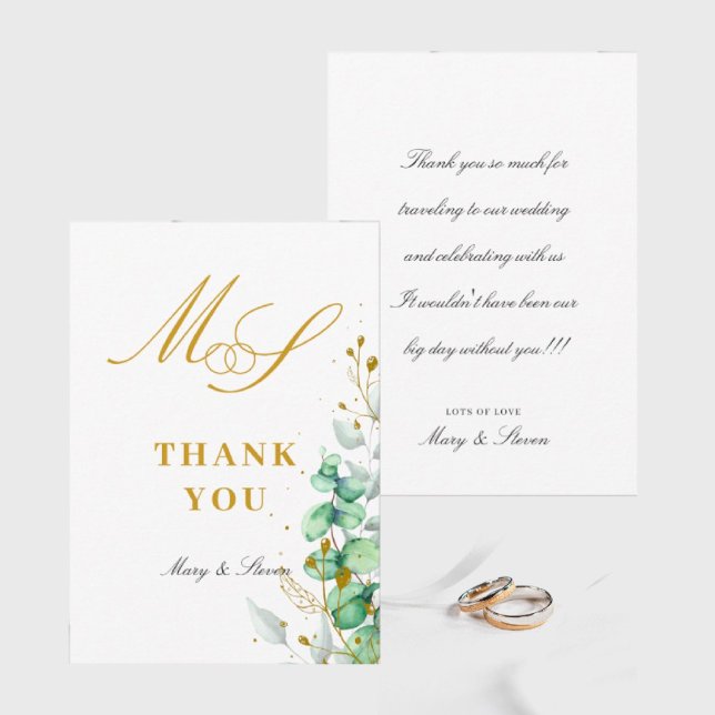 Tarjeta De Agradecimiento Eucalyptus y el oro Monograma Boda (I wish you happiness!!!)