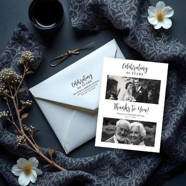 Tarjeta De Agradecimiento Exquisite Black White Elegant Wedding Anniversarie (Exquisite Black & White Elegant Wedding Anniversarie 2 Photos Thank You Cards.)