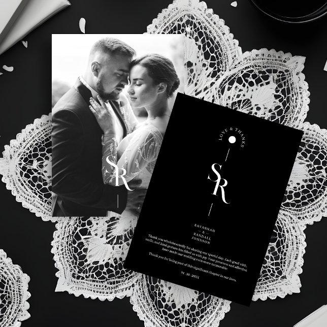 Tarjeta De Agradecimiento Exquisite Chic Minimalist Black Wedding Initials (Exquisite Chic Minimalist Black & White Wedding Initials Photo Thank You Card with Envelope.)
