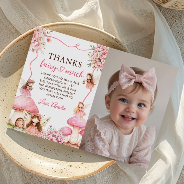 Tarjeta De Agradecimiento Fairy Floral Girls 1st Birthday Party Photo (Subido por el creador)