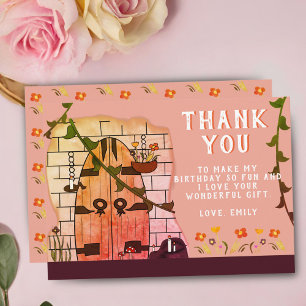 Tarjeta De Agradecimiento Fairy Tale Door Flower Drawing Chica Cumpleaños
