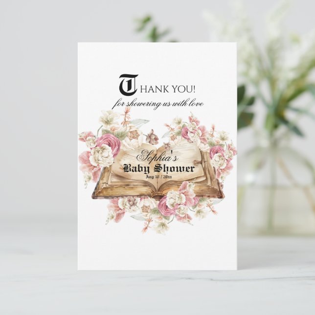 Tarjeta De Agradecimiento Fairytale Book Pink Rose Baby Shower (Anverso de pie)