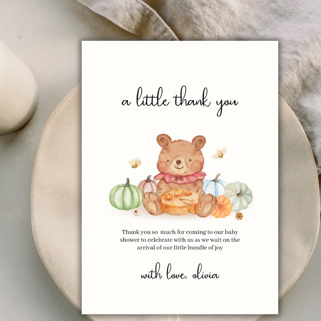 Tarjeta De Agradecimiento Fall Bee Cutie Pumpkin Pie Teddy Bear Baby Shower (Fall Bee Cutie Pumpkin Pie Teddy Bear Baby Shower Thank You Card)