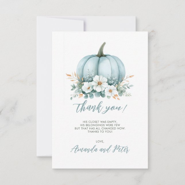 Tarjeta De Agradecimiento Fall Blue Pumpkin Floral Eucalyptus Baby Shower (Anverso)