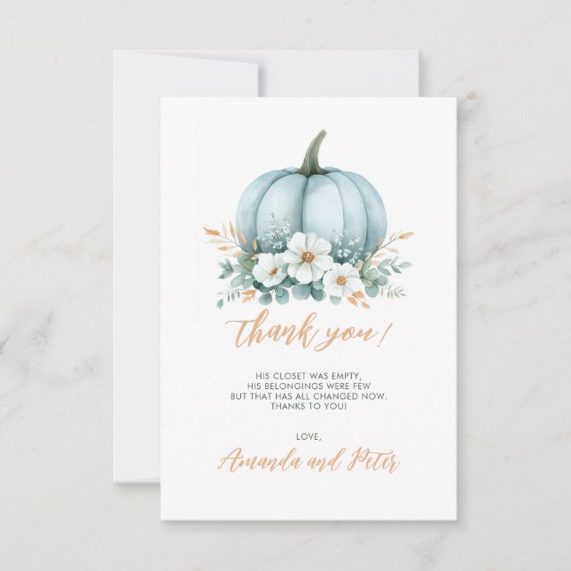 Tarjeta De Agradecimiento Fall Blue Pumpkin Floral Eucalyptus Baby Shower (Anverso)