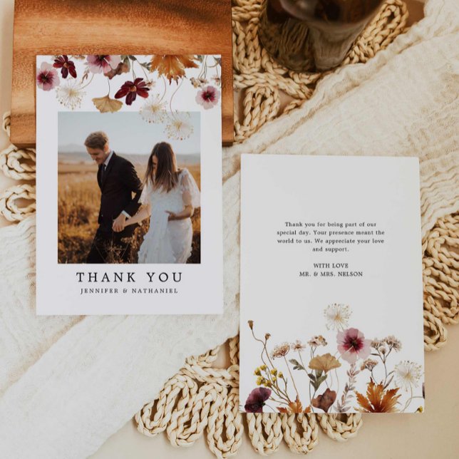 Tarjeta De Agradecimiento Fall Burgundy Floral Boho Boda Foto (Fall Burgundy Floral Wedding Thank you Card)