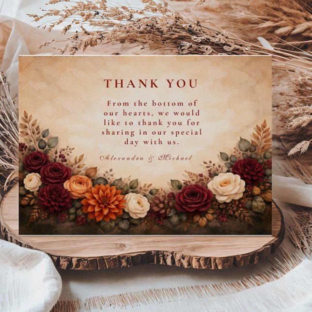Tarjeta De Agradecimiento Fall Floral Romance Wedding (Subido por el creador)