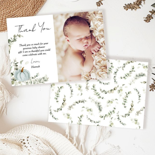 Tarjeta De Agradecimiento Fall Little Blue Pumpkin Foto de Baby Shower (Subido por el creador)