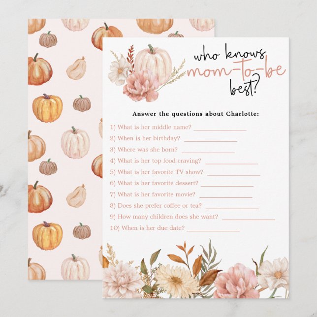 Tarjeta De Agradecimiento Fall Pumpkin Floral Baby Shower Game Card (Anverso / Reverso)