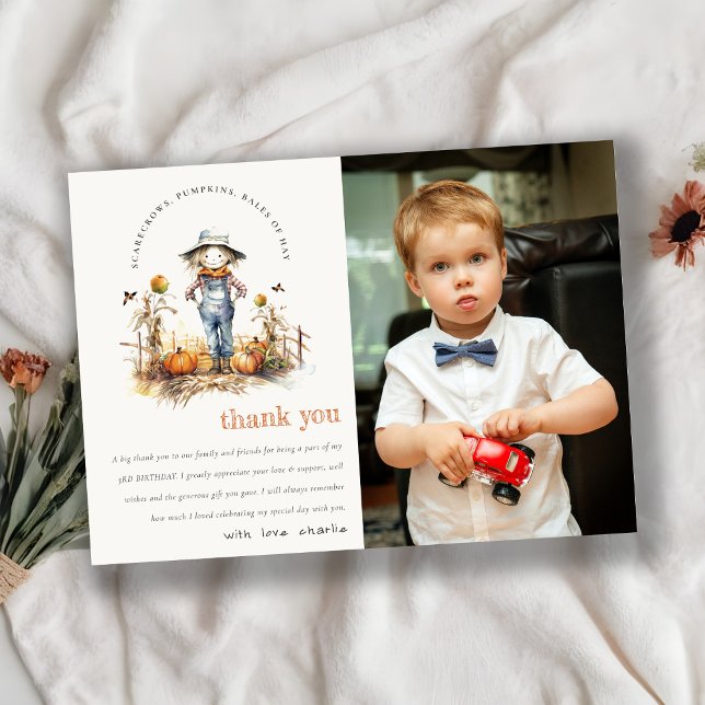 Tarjeta De Agradecimiento Fall Pumpkin Scarecrow Harvest Kids Foto Cumpleaño (Subido por el creador)