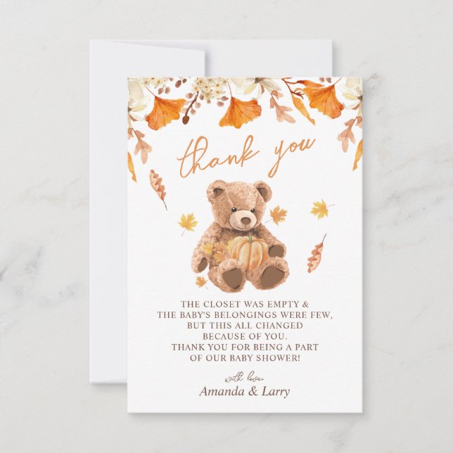 Tarjeta De Agradecimiento Fall Teddy Bear Baby Shower (Anverso)