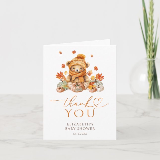 Tarjeta De Agradecimiento Fall Teddy Bear & Pumpkin Baby Shower Gracias (Anverso)
