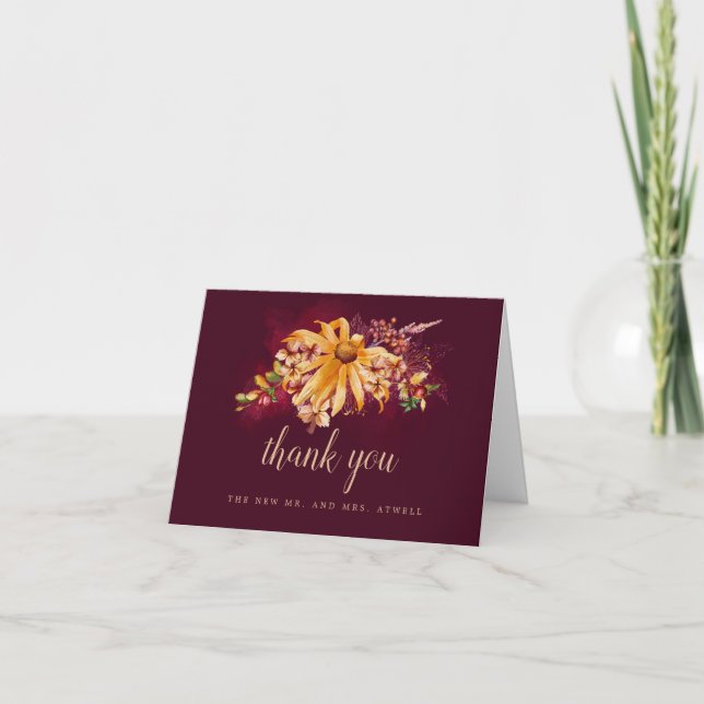 Tarjeta De Agradecimiento Fall Yellow Sunflower Burgundy Boda Foto (Anverso)