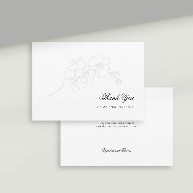 Tarjeta De Agradecimiento Falsas orquídeas Grabado en relieve Elegantes boda (formal wedding thank you card faux embossed orchid floral modern classic typography calligraphy)