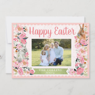Tarjeta De Agradecimiento Familia de fotos de Pascua con Bunny Floral Pink C