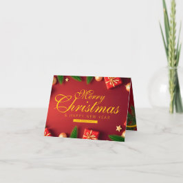 Tarjeta De Agradecimiento Family Red and Gold Christmas with Tree Ribbon