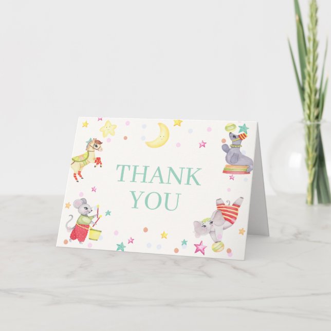 Tarjeta De Agradecimiento Fancy Circus Carnival Animals Baby Shower (Anverso)