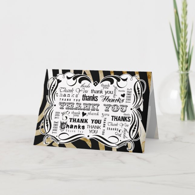 Tarjeta De Agradecimiento Fancy Flourits y Zebra Chalkboard Textos Gracias (Anverso)