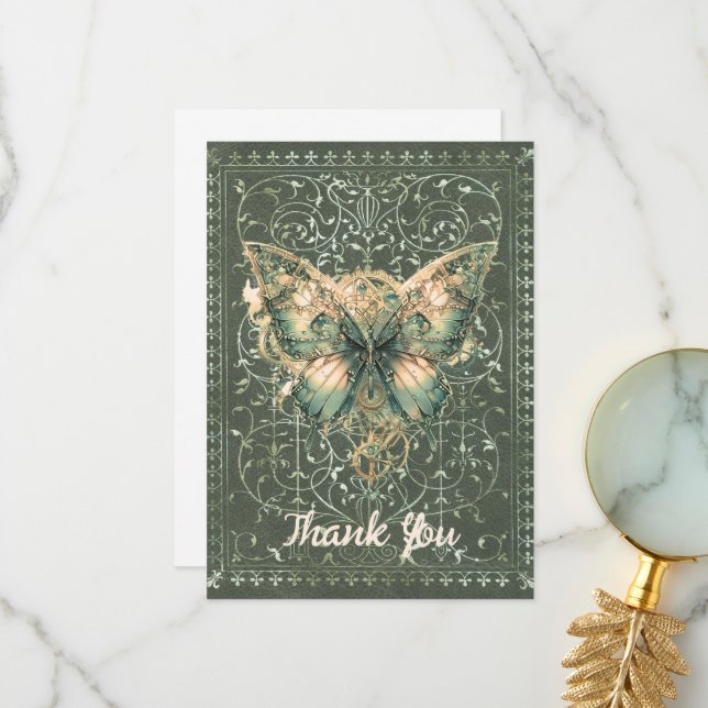 Tarjeta De Agradecimiento Fancy Green Steampunk Butterfly (Anverso/Reverso In Situ)