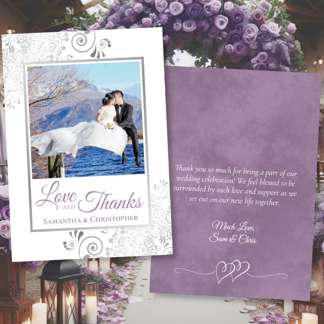 Tarjeta De Agradecimiento Fancy Lavender Love & Gracias Photo & Note Boda (Front/Back)
