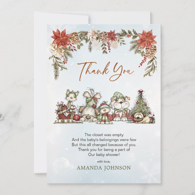 Tarjeta De Agradecimiento Fantasiosa Ducha de Bebé Perros de Navidad Esponjo (Anverso)