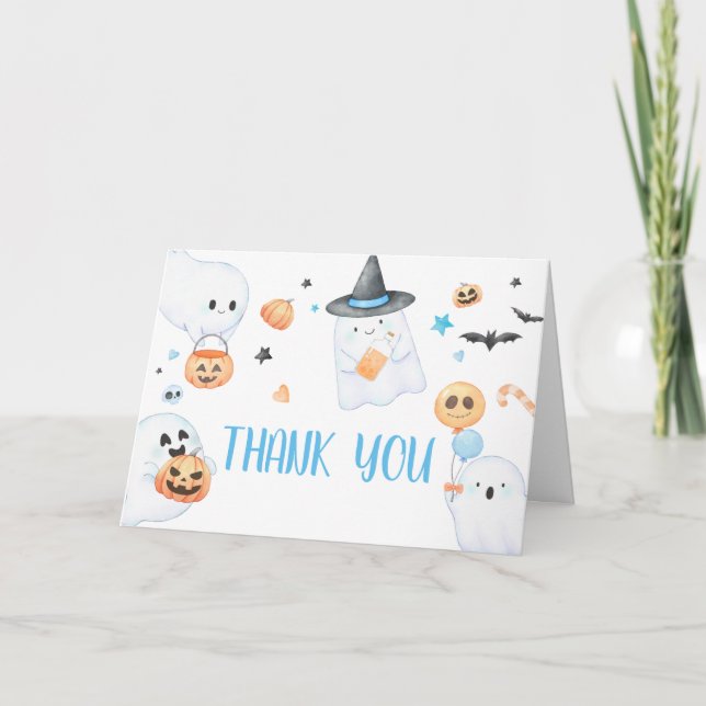 Tarjeta De Agradecimiento Fantasma azul Halloween Pequeño Boo Baby Shower (Anverso)