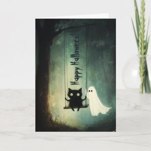 Tarjeta De Agradecimiento Fantasma feliz de Halloween y gato en flor