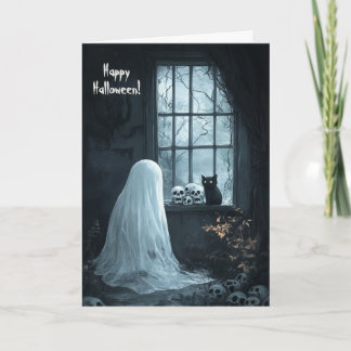 Tarjeta De Agradecimiento Fantasma, gato negro y cráneos