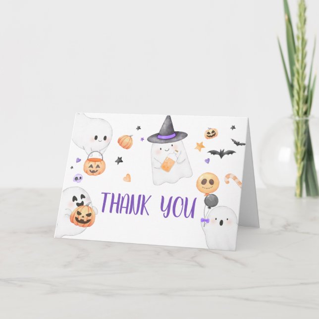 Tarjeta De Agradecimiento Fantasma morada Halloween Pequeño Boo Baby Shower (Anverso)