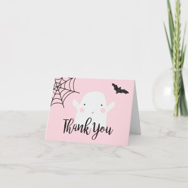 Tarjeta De Agradecimiento Fantasma rosa Baby Shower de Halloween (Anverso)
