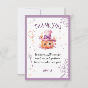 Tarjeta De Agradecimiento Fantasma Una linda niña de Halloween Primer Cumple