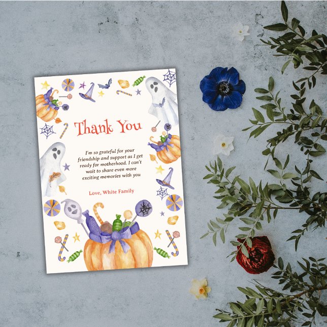 Tarjeta De Agradecimiento Fantasmas de calabaza de caramelo Fantasma Hallowe (Candy Pumpkin Ghosts Halloween Baby Brewing Shower Thank You Card)