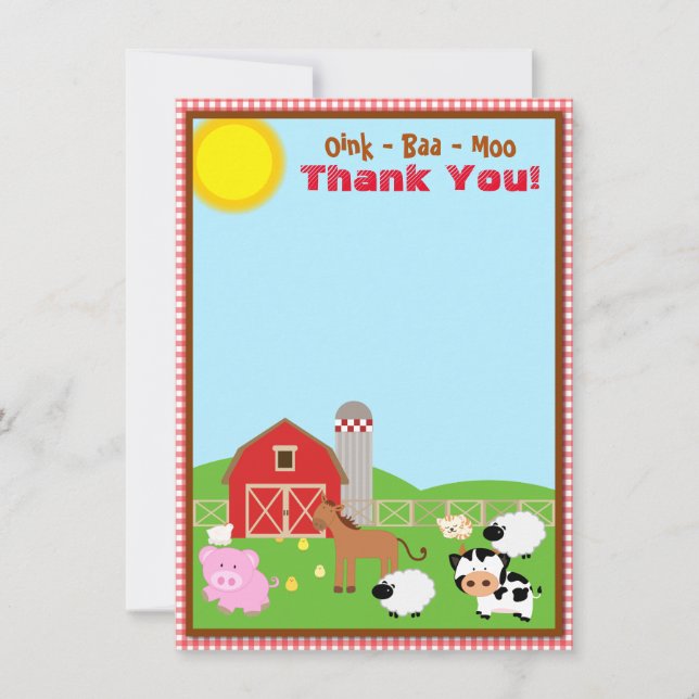 Tarjeta De Agradecimiento Farm Animal Barnyard Birthday Baby Shower (Anverso)