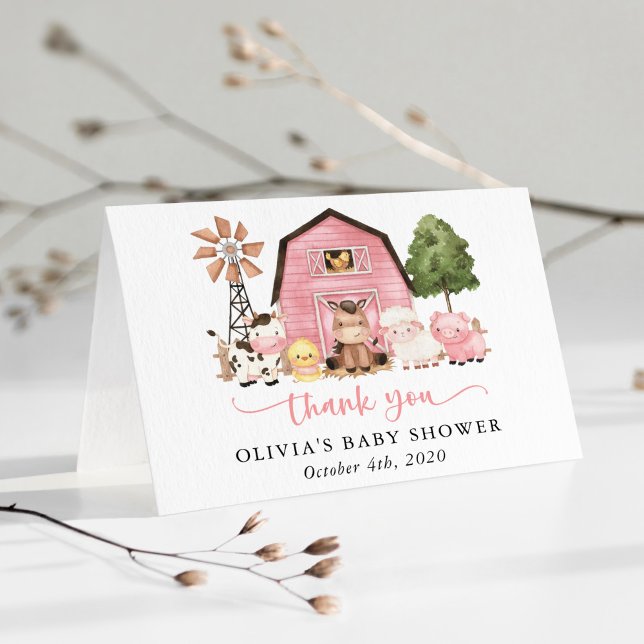 Tarjeta De Agradecimiento Farm Animals, Cute Animals, Pink Barn, Baby Shower (Subido por el creador)
