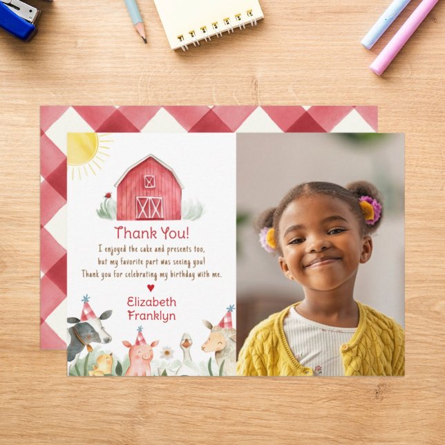 Tarjeta De Agradecimiento Farm Barnyard Birthday red check Photo (Subido por el creador)