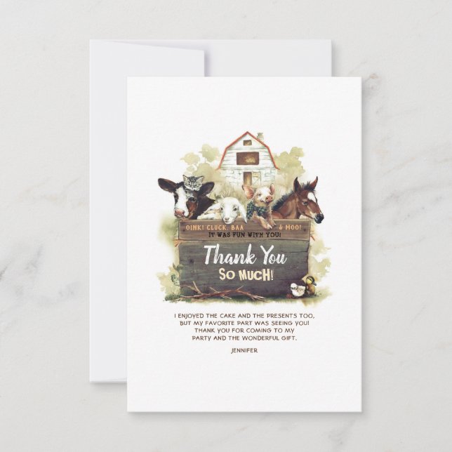 Tarjeta De Agradecimiento Farm Birthday (Cumpleaños de la Granja) (Anverso)