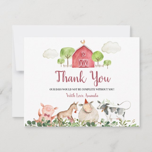 Tarjeta De Agradecimiento Farm House Animals Barnyard Baby Shower Gracias (Anverso)