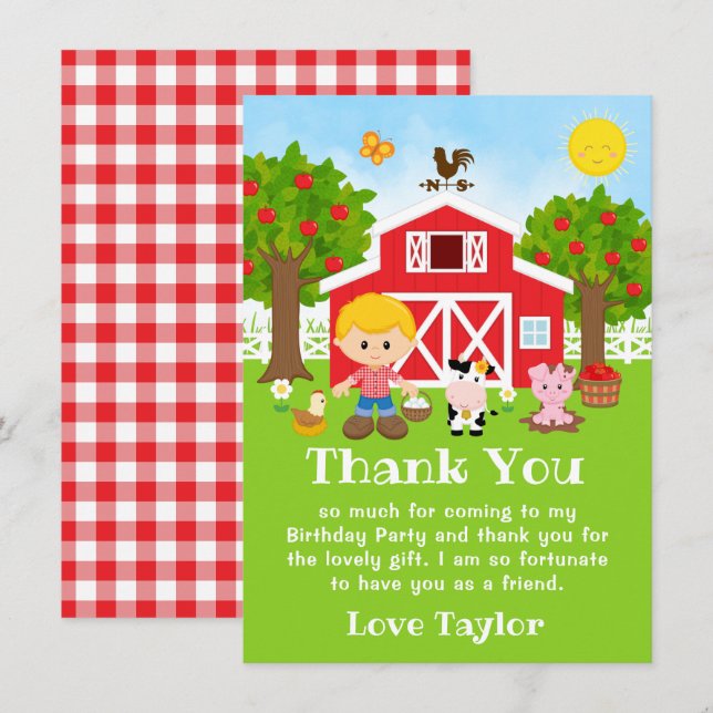 Tarjeta De Agradecimiento Farm Red Birday Blonde Hair Boy (Anverso / Reverso)