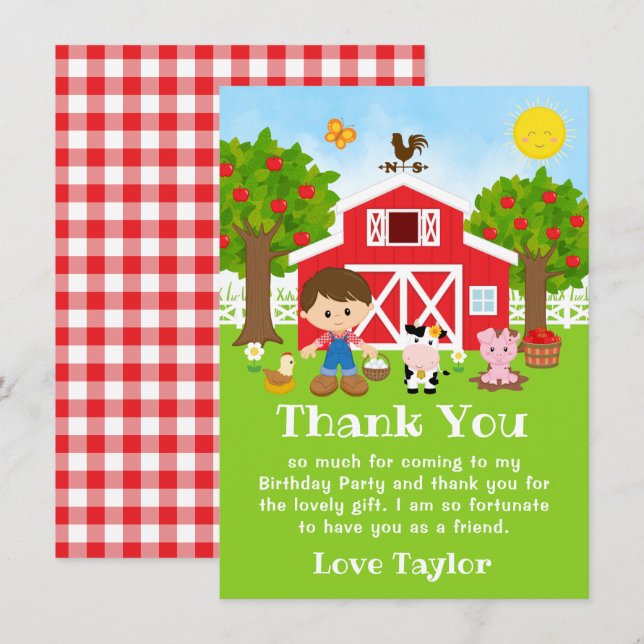 Tarjeta De Agradecimiento Farm Red Birday Brown Hair Boy (Anverso / Reverso)