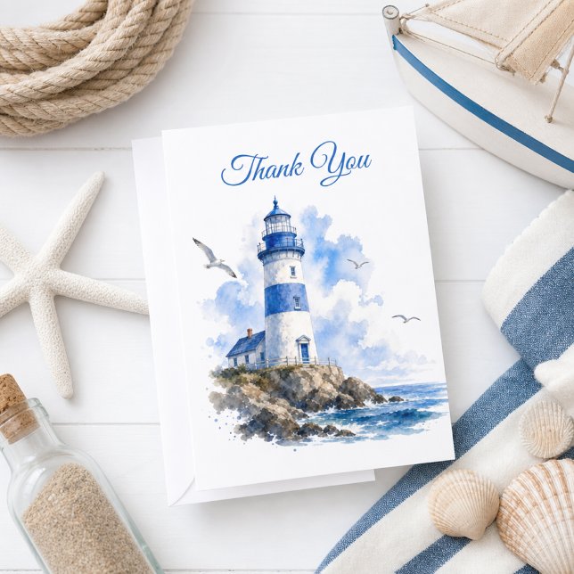 Tarjeta De Agradecimiento Faro Blanco Azul Náutico  (This mockup is a digital representation created using generative AI tools to showcase the design)