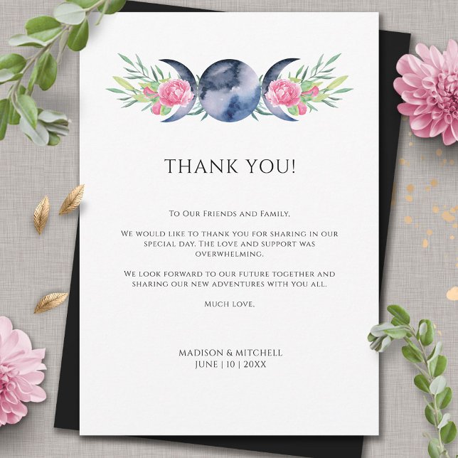 Tarjeta De Agradecimiento Fase lunar Boda metafísico rosado floral (Subido por el creador)