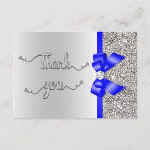 Tarjeta De Agradecimiento Faux Blue Bow Silver Sequines Gracias Boda