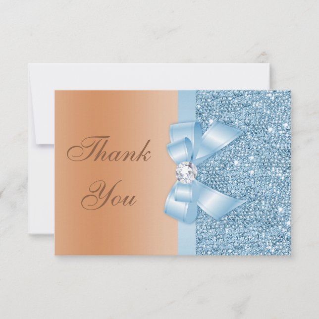 Tarjeta De Agradecimiento Faux Bow Sequins Blue Milk Chocolate Gracias (Anverso)