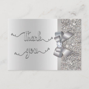 Tarjeta De Agradecimiento Faux Bow Silver Sequins Gracias Boda